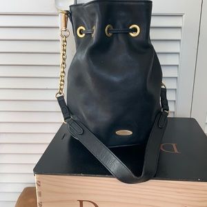 Black Tahari Bucket Bag with gold chain accent handle